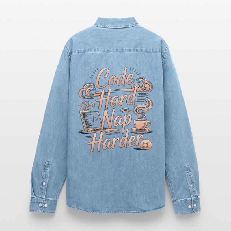 Code développeur à distance Hard Nap, Codeur à distance plus difficile Chemise en denim homme bio Stanley/Stella