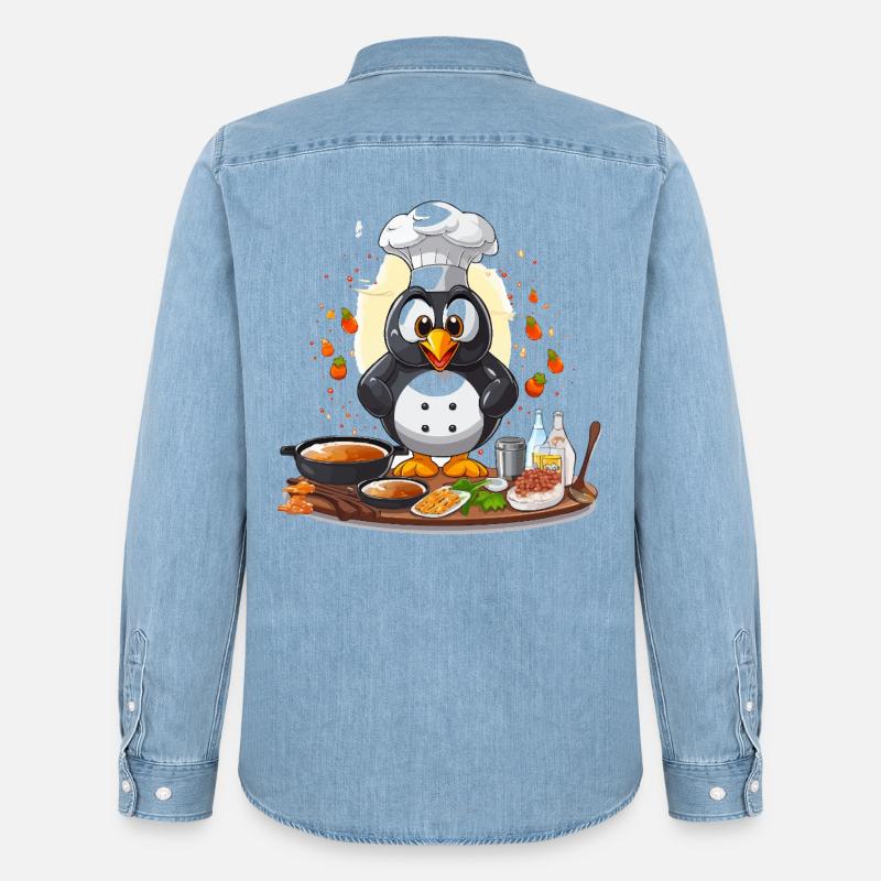 Küchenpinguin Chef Design - Männer Jeanshemd Organic von Stanley/Stella - verwaschenes Hellblau