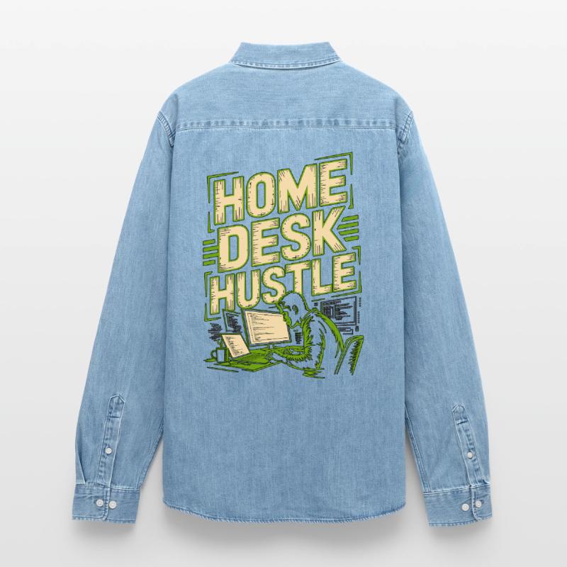 Remote Developer Home Desk Hustle Remote Coder Men’s Organic Denim Shirt by Stanley/Stella