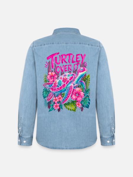 Turtley Over It Cute Turtle Flower - Men’s Organic Denim Shirt by Stanley/Stella - light wash