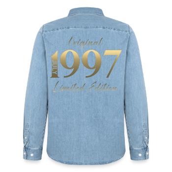 29th Birthday Gift Vintage July Vintage 1997 - Men’s Organic Denim Shirt by Stanley/Stella - light wash - Back - AI Model Male 185 light (185cm)