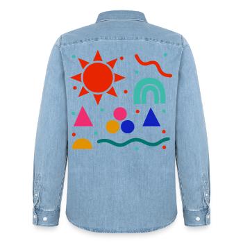 Lebendige Geometrie Sonnenfarben Muster - Männer Jeanshemd Organic von Stanley/Stella - verwaschenes Hellblau - Hinten - AI Model Male 185 light (185cm)