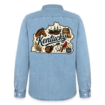 Vintage-Kentucky Bluegrass-Bourbon-Aufkleber - Männer Jeanshemd Organic von Stanley/Stella - verwaschenes Hellblau - Hinten - AI Model Male 185 light (185cm)