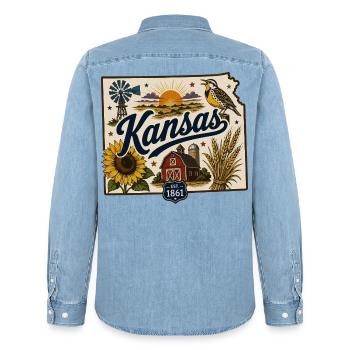 Kansas Sunflower State Vintage Reiseaufkleber - Männer Jeanshemd Organic von Stanley/Stella - verwaschenes Hellblau - Hinten - AI Model Male 185 light (185cm)
