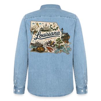 Louisiana Pelican State Vintage Reiseaufkleber - Männer Jeanshemd Organic von Stanley/Stella - verwaschenes Hellblau - Hinten - AI Model Male 185 light (185cm)