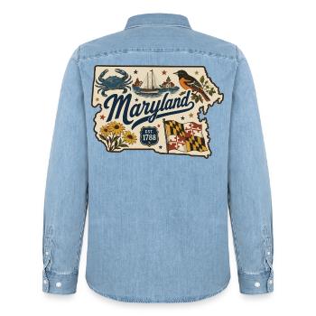 Maryland Vintage Staatsflagge & Krabbenaufkleber - Männer Jeanshemd Organic von Stanley/Stella - verwaschenes Hellblau - Hinten - AI Model Male 185 light (185cm)
