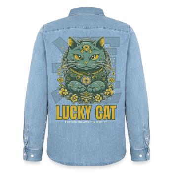 Lucky Cat Glückskatze Maneki Neko Jade - Männer Jeanshemd Organic von Stanley/Stella - verwaschenes Hellblau - Hinten - AI Model Male 185 light (185cm)