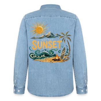 Sonnenuntergang am Strand Surf - Männer Jeanshemd Organic von Stanley/Stella - verwaschenes Hellblau - Hinten - AI Model Male 185 light (185cm)