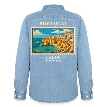 Portugal Lagos Vintage Reisemarke - Männer Jeanshemd Organic von Stanley/Stella - verwaschenes Hellblau - Hinten - AI Model Male 185 light (185cm)
