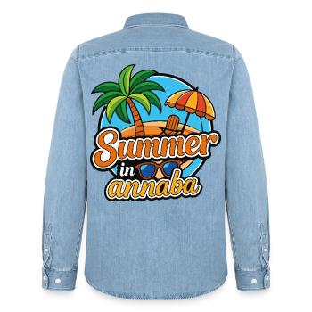 Été à Annaba: Palmiers et Plage - Chemise en denim homme bio Stanley/Stella - bleu clair délavé - Dos - AI Model Male 185 light (185cm)