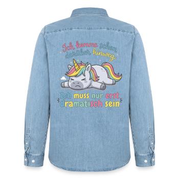 Dramatisches Einhorn: Ich muss erst dramatisch ... - Männer Jeanshemd Organic von Stanley/Stella - verwaschenes Hellblau - Hinten - AI Model Male 185 light (185cm)