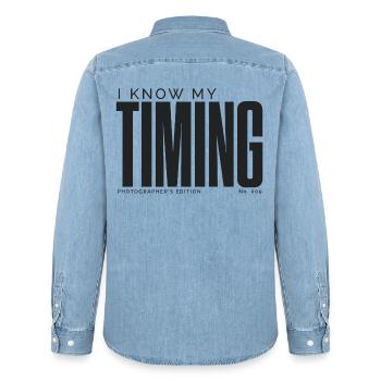 I Know My Timing | Photographer's Edition - Men’s Organic Denim Shirt by Stanley/Stella - light wash - Back - AI Model Male 185 light (185cm)