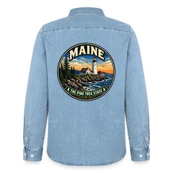 Maine The Pine Tree State Retro Leuchtturmabzeichen - Männer Jeanshemd Organic von Stanley/Stella - verwaschenes Hellblau - Hinten - AI Model Male 185 light (185cm)