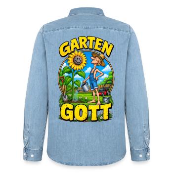 Garten Gott – Funny Gardener Gardening - Männer Jeanshemd Organic von Stanley/Stella - verwaschenes Hellblau - Hinten - AI Model Male 185 light (185cm)
