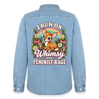 I Run On Whimsy And Feminist Rage - Männer Jeanshemd Organic von Stanley/Stella - verwaschenes Hellblau - Hinten - AI Model Male 185 light (185cm)