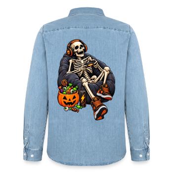 Fun Halloween video game with a skeleton - Männer Jeanshemd Organic von Stanley/Stella - verwaschenes Hellblau - Hinten - AI Model Male 185 light (185cm)
