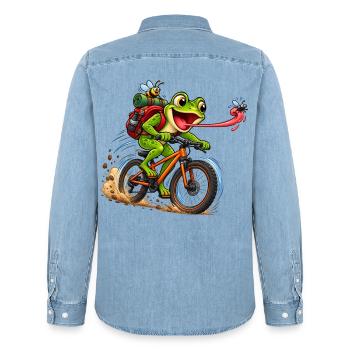 Funny Frog Riding Bicycle Cartoon - Männer Jeanshemd Organic von Stanley/Stella - verwaschenes Hellblau - Hinten - AI Model Male 185 light (185cm)