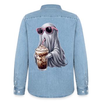 Kaffee Geist - Männer Jeanshemd Organic von Stanley/Stella - verwaschenes Hellblau - Hinten - AI Model Male 185 light (185cm)
