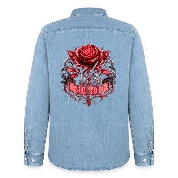 Dead To Me - Y2K Liquid Chrome Rose Skeleton Hand  - Männer Jeanshemd Organic von Stanley/Stella - verwaschenes Hellblau - Hinten - AI Model Male 185 light (185cm)