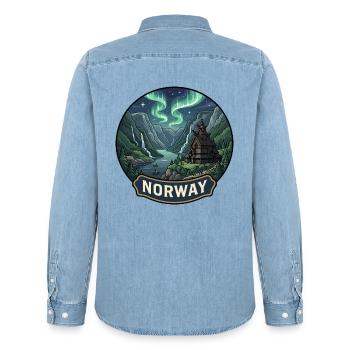 Norwegen-Reiseabzeichen Fjorde Nordlichter - Männer Jeanshemd Organic von Stanley/Stella - verwaschenes Hellblau - Hinten - AI Model Male 185 light (185cm)