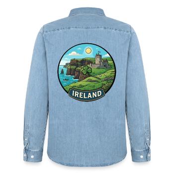 Irland-Reiseabzeichen Klippen von Moher Shamrock - Männer Jeanshemd Organic von Stanley/Stella - verwaschenes Hellblau - Hinten - AI Model Male 185 light (185cm)