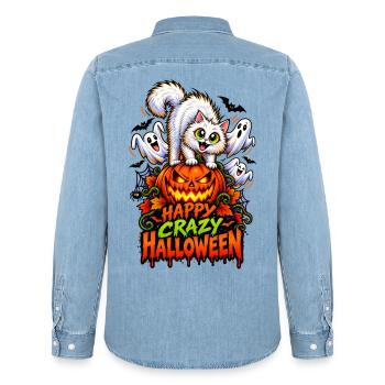 Happy Crazy Halloween Cat – Spooky Pumpkin  - Männer Jeanshemd Organic von Stanley/Stella - verwaschenes Hellblau - Hinten - AI Model Male 185 light (185cm)
