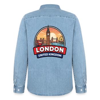 London UK Reiseabzeichen Big Ben Tower Bridge Geschenk - Männer Jeanshemd Organic von Stanley/Stella - verwaschenes Hellblau - Hinten - AI Model Male 185 light (185cm)