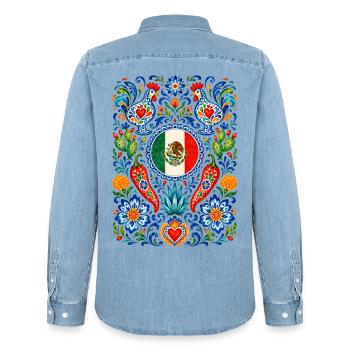 Mexiko | Nopal, Agave & Volkskunst - Männer Jeanshemd Organic von Stanley/Stella - verwaschenes Hellblau - Hinten - AI Model Male 185 light (185cm)