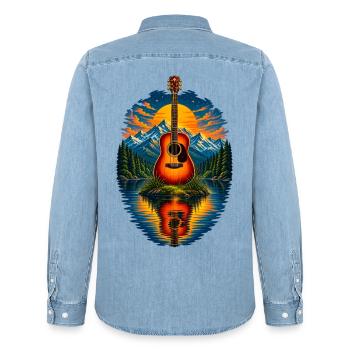 Acoustic Guitar Sunset By The Lake - Männer Jeanshemd Organic von Stanley/Stella - verwaschenes Hellblau - Hinten - AI Model Male 185 light (185cm)