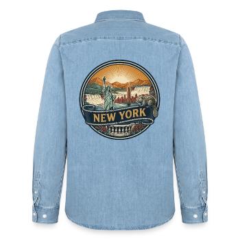 New York Skyline Vintage Reisesouvenir Geschenk - Männer Jeanshemd Organic von Stanley/Stella - verwaschenes Hellblau - Hinten - AI Model Male 185 light (185cm)