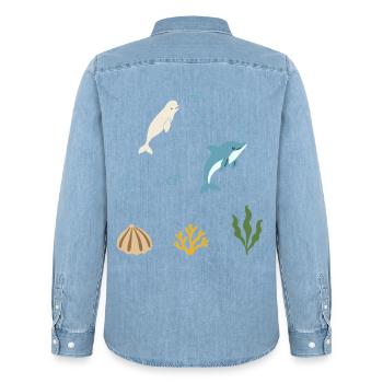 Wal Unterwasser Kinder Delfin Meeresbewohner - Männer Jeanshemd Organic von Stanley/Stella - verwaschenes Hellblau - Hinten - AI Model Male 185 light (185cm)