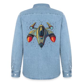 Retro-futuristisches Raumschiff in Grautönen mit Stern - Männer Jeanshemd Organic von Stanley/Stella - verwaschenes Hellblau - Hinten - AI Model Male 185 light (185cm)