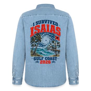 I Survived Isaias Gulf Coast 2026 Storm Survivor - Männer Jeanshemd Organic von Stanley/Stella - verwaschenes Hellblau - Hinten - AI Model Male 185 light (185cm)