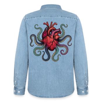 Anatomical Heart Octopus - Männer Jeanshemd Organic von Stanley/Stella - verwaschenes Hellblau - Hinten - AI Model Male 185 light (185cm)
