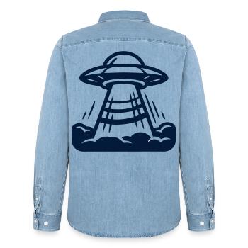 Ufo Alien Raumschiff Grafik - Männer Jeanshemd Organic von Stanley/Stella - verwaschenes Hellblau - Hinten - AI Model Male 185 light (185cm)