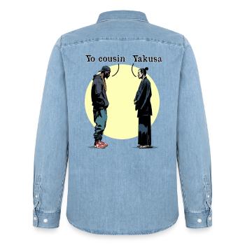 YO COUSIN, YAKUSA! - Vororte gegen Japan - Männer Jeanshemd Organic von Stanley/Stella - verwaschenes Hellblau - Hinten - AI Model Male 185 light (185cm)