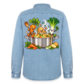 Fröhliche Gemüsefreunde kochen Suppe  - Männer Jeanshemd Organic von Stanley/Stella - verwaschenes Hellblau - Hinten - AI Model Male 185 light (185cm)