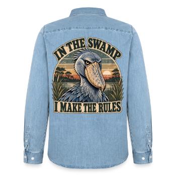 Shoebill – Ich mache die Regeln - Männer Jeanshemd Organic von Stanley/Stella - verwaschenes Hellblau - Hinten - AI Model Male 185 light (185cm)