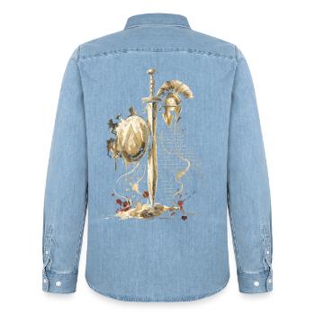 Spartanischer Schwert-Schildhelm Tinten-Kunstkrieger - Männer Jeanshemd Organic von Stanley/Stella - verwaschenes Hellblau - Hinten - AI Model Male 185 light (185cm)