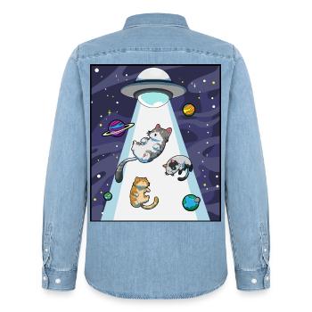 Katze UFO Entführung - Männer Jeanshemd Organic von Stanley/Stella - verwaschenes Hellblau - Hinten - AI Model Male 185 light (185cm)