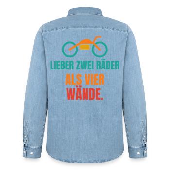 Lieber zwei Räder als vier Wände – Motorrad - Männer Jeanshemd Organic von Stanley/Stella - verwaschenes Hellblau - Hinten - AI Model Male 185 light (185cm)
