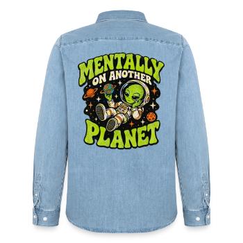 Mental auf einem anderen Planeten – Alien-Abenteuer - Männer Jeanshemd Organic von Stanley/Stella - verwaschenes Hellblau - Hinten - AI Model Male 185 light (185cm)