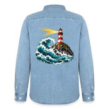 Leuchtturm über einer schwingenden Welle - Männer Jeanshemd Organic von Stanley/Stella - verwaschenes Hellblau - Hinten - AI Model Male 185 light (185cm)