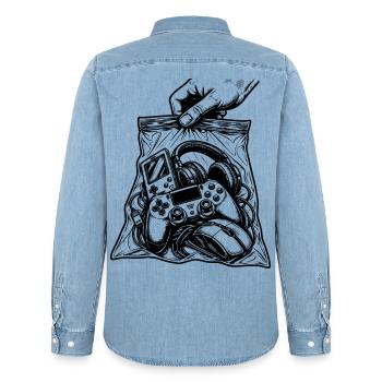 Suchtspiele – Gamer-Konsolen-Controller-Tasche - Männer Jeanshemd Organic von Stanley/Stella - verwaschenes Hellblau - Hinten - AI Model Male 185 light (185cm)