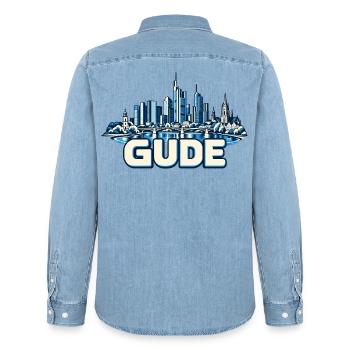 Blauer Frankfurter Skyline Stadtgrafik GUDE - Männer Jeanshemd Organic von Stanley/Stella - verwaschenes Hellblau - Hinten - AI Model Male 185 light (185cm)