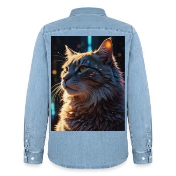 Sternenpfote: Neon-Katze im Licht - Männer Jeanshemd Organic von Stanley/Stella - verwaschenes Hellblau - Hinten - AI Model Male 185 light (185cm)