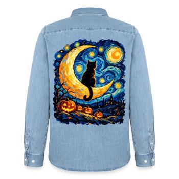 Mondkatze im Sternennacht-Labyrinth - Männer Jeanshemd Organic von Stanley/Stella - verwaschenes Hellblau - Hinten - AI Model Male 185 light (185cm)