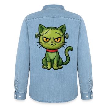 Grüne Zombie-Katze - Männer Jeanshemd Organic von Stanley/Stella - verwaschenes Hellblau - Hinten - AI Model Male 185 light (185cm)