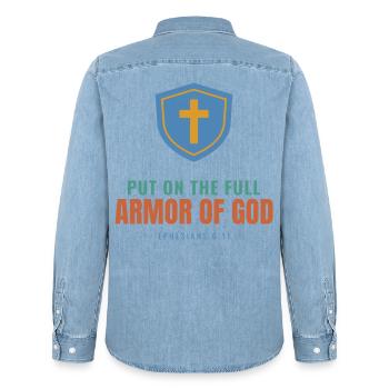 Put On The Full Armor Of God – Ephesians 6:11 - Männer Jeanshemd Organic von Stanley/Stella - verwaschenes Hellblau - Hinten - AI Model Male 185 light (185cm)