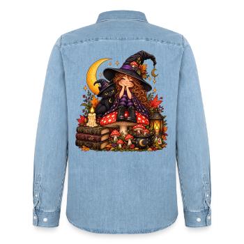 Niedliche Hexe mit schwarzer Katze - Männer Jeanshemd Organic von Stanley/Stella - verwaschenes Hellblau - Hinten - AI Model Male 185 light (185cm)